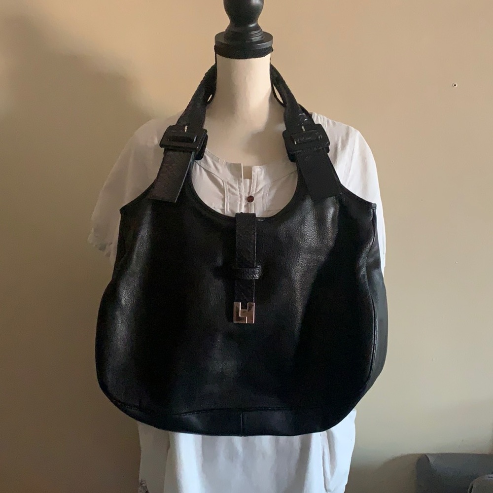 Lambertson Truex Black Leather Snakeskin Straps Shoulder Bag